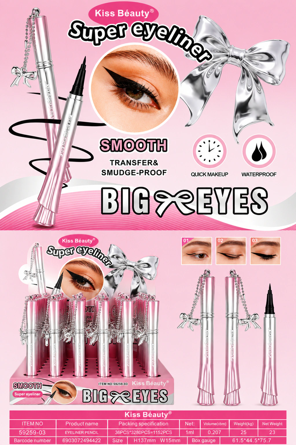 Delineador Super Smooth Big eyes Moño Kiss Beauty